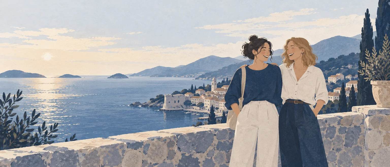 Illustration of two friends looking out across a sunny coast